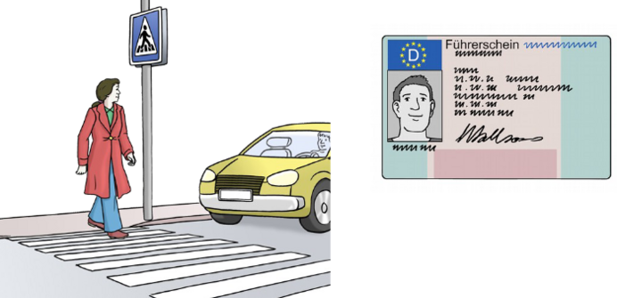 Illustration Straße mit Fußgänger und Zebrastreifen und Führerschein