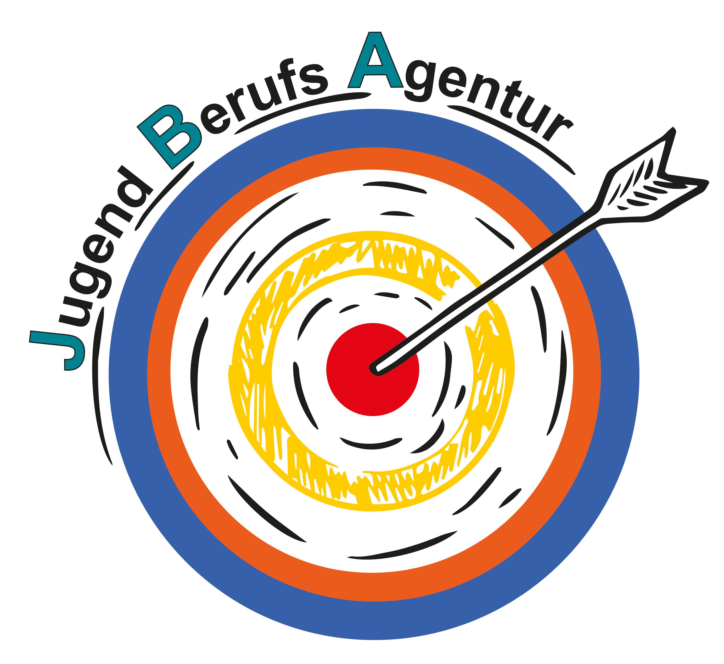 Ein Logo der Jugend Berufs Agentur welches eine bunte Zielscheibe mit einem Pfeil in der roten Mitte zeigt