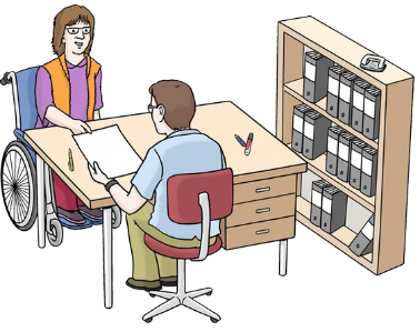 Illustration Schreibtisch mit zwei Personen und Aktenschrank