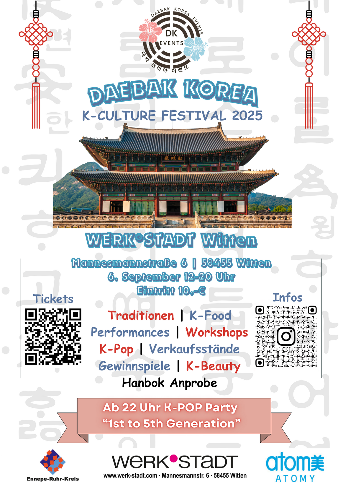 Flyer des Festivals. Als Hauptmotiv eine Tempelanlage, darüber als Schriftzug Daebak Korea K-Culture Festival 2025. Unter dem Bild  Adresse der Werk°Stadt Witten, Datum, Uhrzeit und Eintrittspreis. Auflistung der gezeigten Attraktionen. Traditionen, K-Food, Performances, Workshops, K-Pop, Verkaufsstände, Gewinnspiele, K-Beauty, Hanbok Anprobe. Hinweis auf Abschlussparty ab 22 Uhr. QR-Codes, um direkt Tickets zu kaufen oder Informationen auf Instagram zu sehen. Fußzeile mit den Förderern Ennepe-Ruhr-Kreis, WerkStadt und atomy