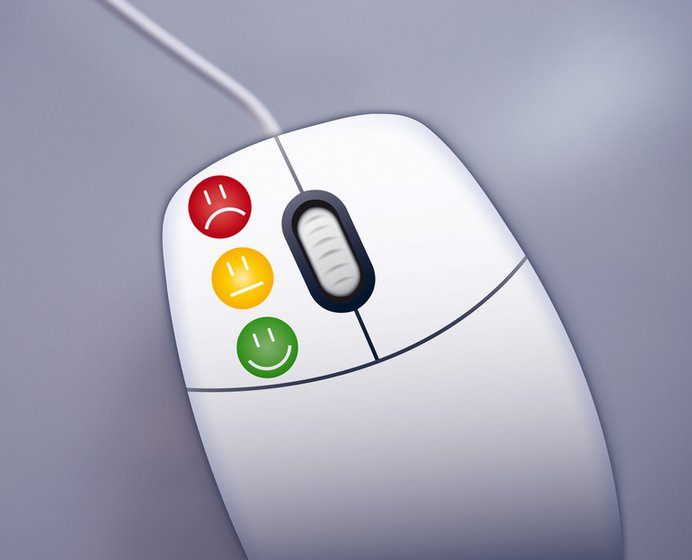 Feedback – PC-Maus mit Smileys für positive, neutrale, negative Bewertung.